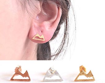 Orecchini a perno da montagna - Argento Sterling 925, Oro, Oro rosa, Orecchini da sci, Orecchini da escursionismo, Cima innevata, Orecchini a perno [400]