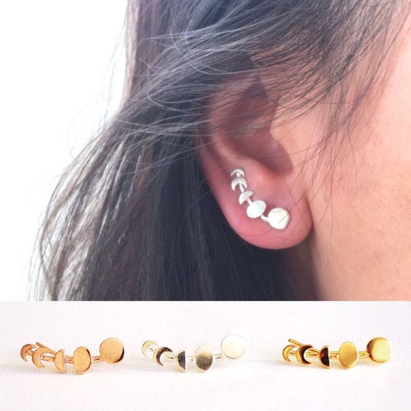 Moon Phases Earrings Ear Climbers- 925 Sterling Silver, Gold, Rose Gold, Moon Phase Ear Crawlers, silver ear climbers, Moon Earrings, Sweeps
