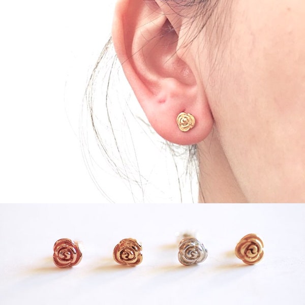 Rose Stud Earrings- Vermeil Gold, 925 Sterling Silver, Rose Gold, Flower Earrings, Dainty Earrings, Everyday Earrings, Rose Post Studs