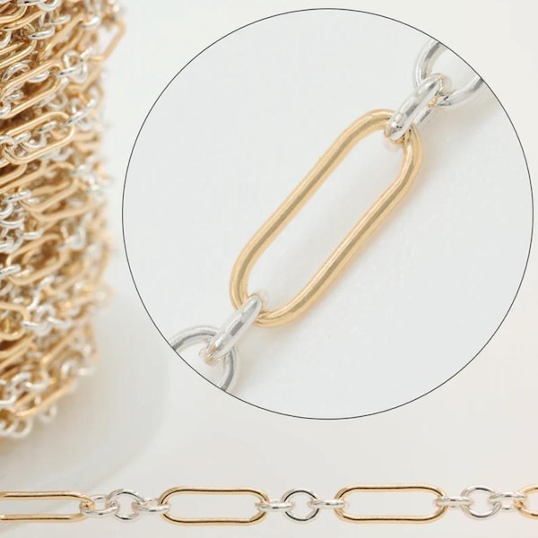 Chaîne bicolore en métal mixte longue et courte de 1,5 mm 1 + 3 maillons, argent sterling rempli d'or 14/20, chaîne de bijouterie permanente en gros [ LON-16 ]