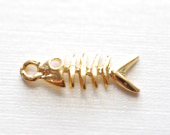 Vermeil gold Fish Skeleton charm Pendant- 22k gold over Sterling Silver Sea life charm, Golden Fish, School of Fish, Beach Ocean Charm, 299