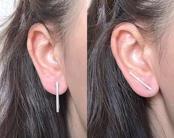 Sterling Silver Bar Earrings- 925 Silver Line Earrings, Silver Stick Earrings, Ear Climber Earrings, Square bar ear climbers, Long Bar Studs