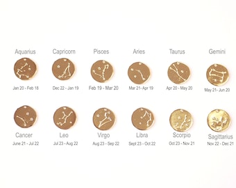Round Zodiac Charm - Birthday Astrology Constellation Sign Charm Pendant, Vermeil Gold or Sterling Silver, Zodiac Coin, Zodiac Necklace
