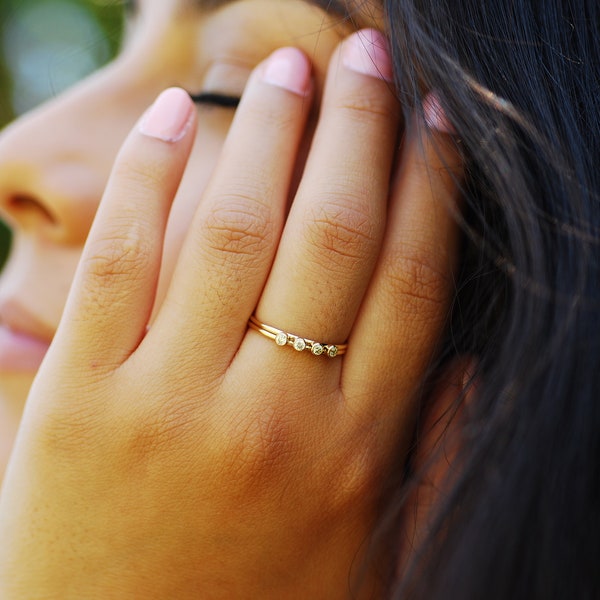 14k Gold Filled Stacking Ring - 4 CZ Stone Ring Band, Triple Stone Ring, Gold Filled Solitaire Stacking Ring, Minimalist Ring, [19]