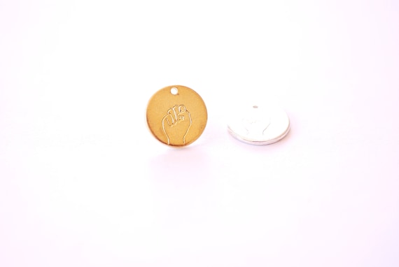 Resist Hand Gesture Circle Blank Disc - Vermeil Gold Sterling Silver Movement Hand Power Fist Advocate Feminism Equality Revolt Equality 553