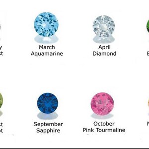 May include: A chart showing the birthstones for each month of the year. The chart shows a red garnet for January, a purple amethyst for February, a blue aquamarine for March, a clear diamond for April, a green emerald for May, a purple alexandrite for June, a red ruby for July, a green peridot for August, a blue sapphire for September, a pink tourmaline for October, a yellow topaz for November, and a clear zircon for December.