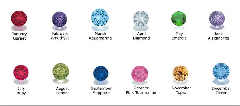 May include: A chart showing the birthstones for each month of the year. The chart shows a red garnet for January, a purple amethyst for February, a blue aquamarine for March, a clear diamond for April, a green emerald for May, a purple alexandrite for June, a red ruby for July, a green peridot for August, a blue sapphire for September, a pink tourmaline for October, a yellow topaz for November, and a clear zircon for December.