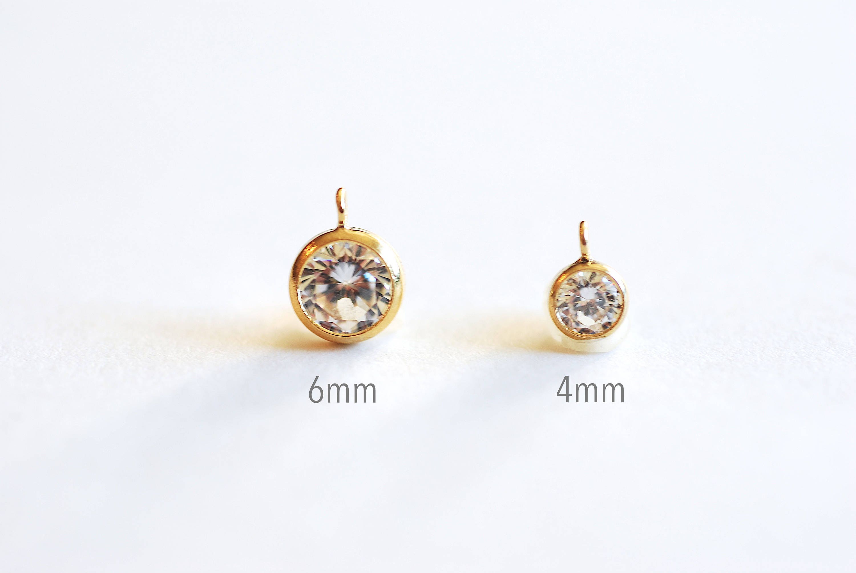 14k Gold Filled Cubic Zirconia Bezel Drop With Perpendicular Ring, 14kgf cz stone, gold bezel drop, White Gemstone, CZ Charm, 4mm Clear CZ