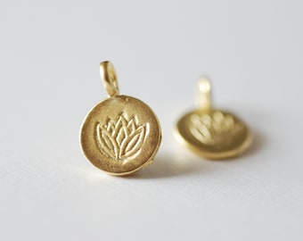 2pcs Matte Vermeil Gold Lotus Flower Disc Charm- 18k gold plated over Sterling Silver Water Lily Round Disc, Yoga Charm, Ohm Om Disc, 36