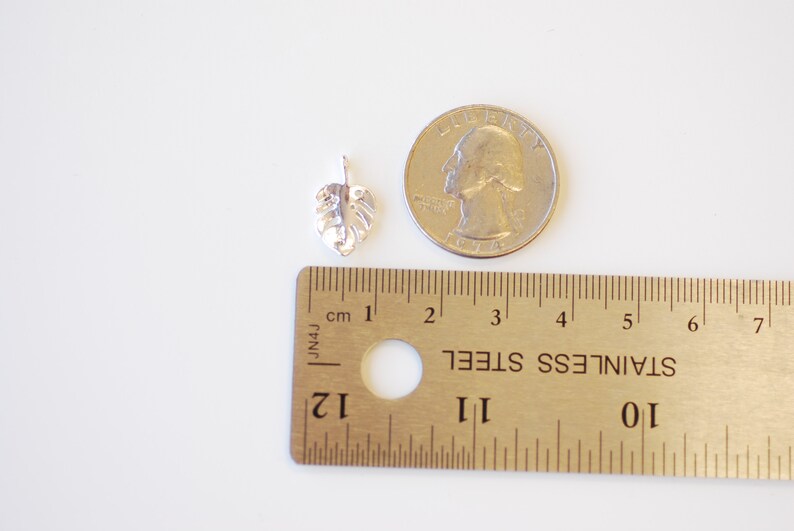 May include: Silver charm in the shape of a monstera leaf, next to a US quarter for size comparison. The charm is about 1 inch long.