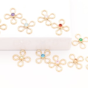 Wholesale Gold Filled Flower CZ Birthstone Connector Charm l Permanent Jewelry Cubic Zirconia Birthstone 2mm Charm Bezel Connector [GFCH4]