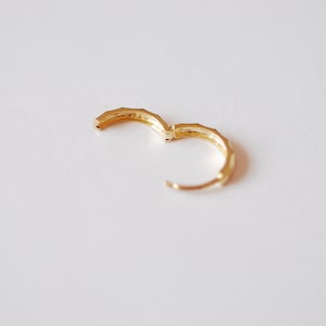 May include: A pair of gold hoop earrings with a geometric design.