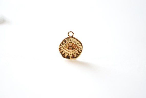 Evil Eye Coin Charm - 18k Gold plated over 925 Sterling Silver, Gold Round Evil Eye Charm, Protection Eye of Ra, Greek Coin, Luck Charm, 592