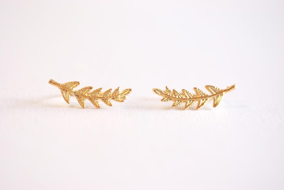 Matte Gold Leaf Ear Climber- Gold Leaf Ear Cuff, Leaf Earrings Ear Crawler, Gold Ear Climber, Ear Jacket, Leaves Ear Climber Crawler [333]