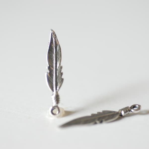 2pcs Sterling Silver feather charm, 925 silver feather charm, small feather Sterling Silver Bird Feather Charm Tribal Bird Feather Charm, 15