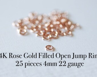 25 anillas abiertas de 4 mm rellenas de oro rosa de 14 quilates, conectores de anillas abiertas de 4 mm rellenas de oro rosa de 14 quilates, anillas de oro rosa de 4 mm, calibre 22