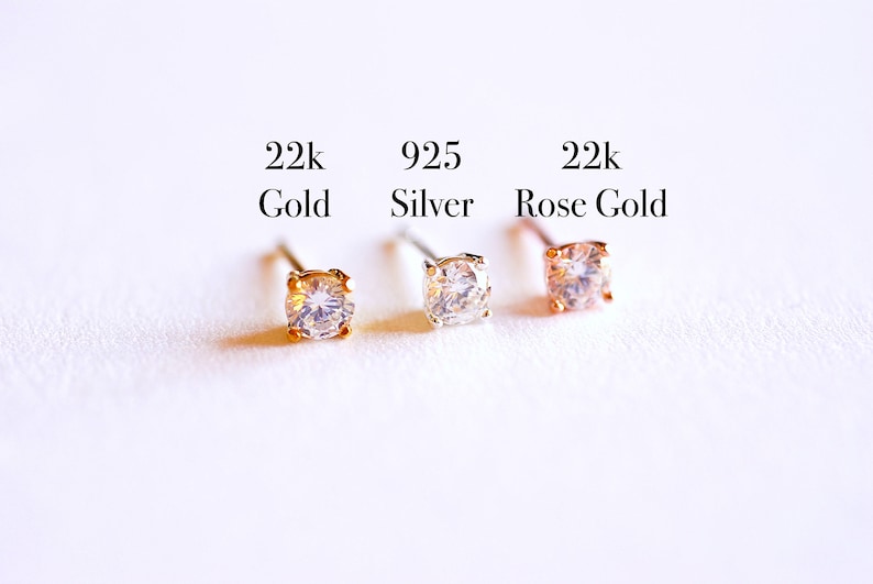 925 Sterling Silver CZ Earrings, Gold, Rose Gold, cz earrings, cz studs, cz silver stud earrings, solitaire studs, solitaire earrings, Studs image 1