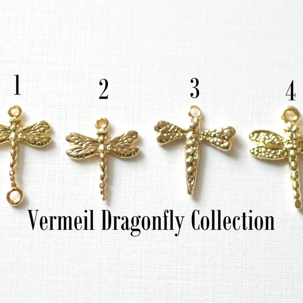 Vermeil Gold Dragonfly Charm, 18k gold plated over sterling silver Insect Charm, Gold Wings Charm, artisan organic nature insect wholesale