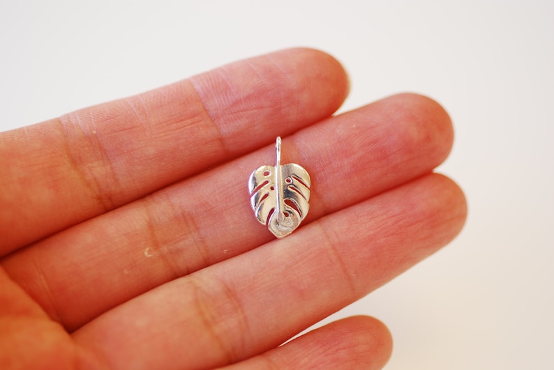 May include: A silver charm in the shape of a monstera leaf. The leaf has a cutout design and is about 1 inch in length.