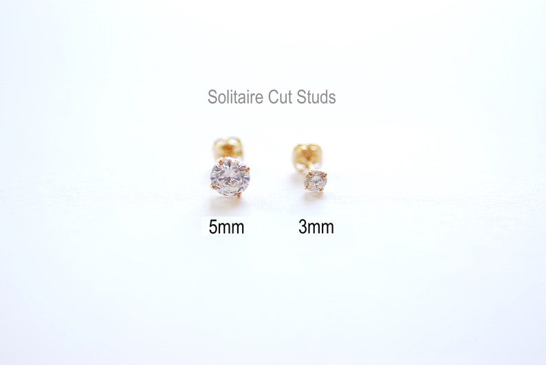 Solid 14k Yellow Gold Stud Earrings Yellow Gold White CZ Earrings, Round Solitaire Studs, Princess Cut Stud Earrings, 3mm Studs, 4mm Studs Solitaire Cut