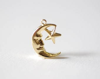 Vermeil oro luna a mezzaluna e stella fascino - oro 18 carati placcato sopra argento, Luna fascino, ciondolo stella, Luna, stella d'argento, Silver Moon