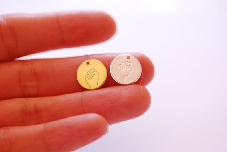 Resist Hand Gesture Circle Blank Disc - Vermeil Gold Sterling Silver Movement Hand Power Fist Advocate Feminism Equality Revolt Equality 553 image 4