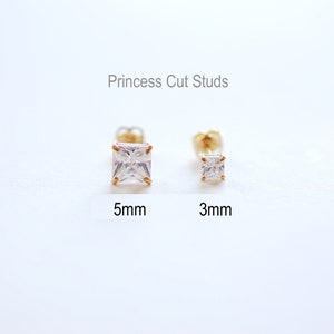 Solid 14k Yellow Gold Stud Earrings Yellow Gold White CZ Earrings, Round Solitaire Studs, Princess Cut Stud Earrings, 3mm Studs, 4mm Studs Princess Cut