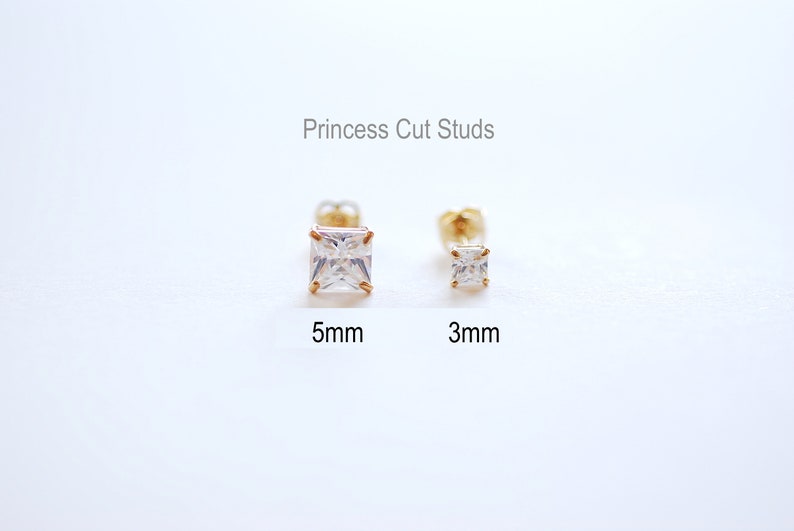 Solid 14k Yellow Gold Stud Earrings Yellow Gold White CZ Earrings, Round Solitaire Studs, Princess Cut Stud Earrings, 3mm Studs, 4mm Studs Princess Cut