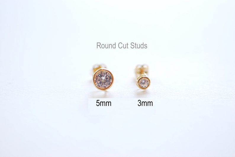 Solid 14k Yellow Gold Stud Earrings Yellow Gold White CZ Earrings, Round Solitaire Studs, Princess Cut Stud Earrings, 3mm Studs, 4mm Studs Round Cut