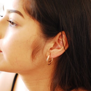May include: A close-up of a woman's face, showing her profile. She has long, dark brown hair and is wearing a pair of gold hoop earrings.