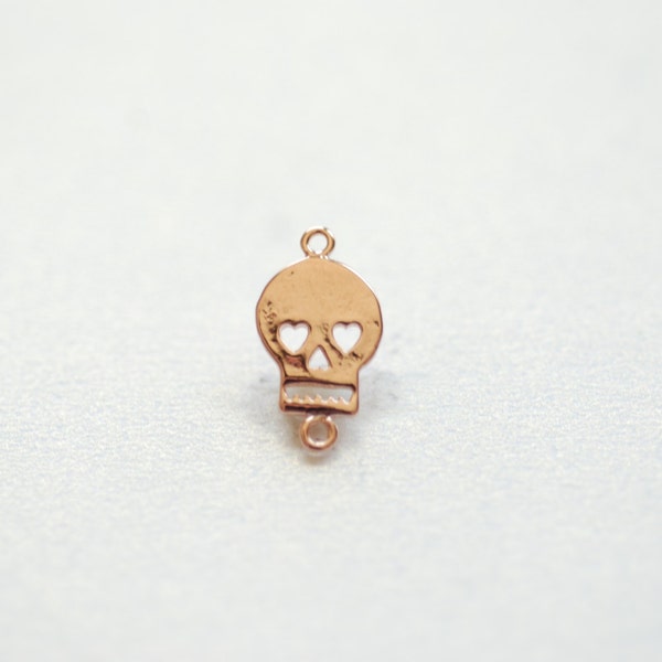 Vermeil Rose Gold Flat Skull Charm- 18k gold plated over Sterling Silver, Skull with Hearts Charm, Gold Skull Connector Link Spacer, 199