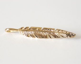 Shiny Vermeil Gold Feather Charm- 22k gold plated sterling silver feather pendant, bird feather, tribal feather charm, Gold Feather Leaf, 9