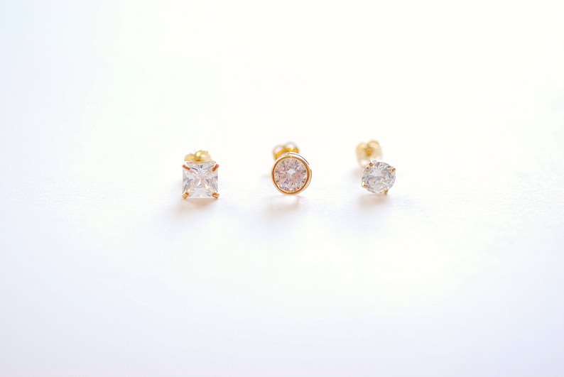Solid 14k Yellow Gold Stud Earrings Yellow Gold White CZ Earrings, Round Solitaire Studs, Princess Cut Stud Earrings, 3mm Studs, 4mm Studs image 1