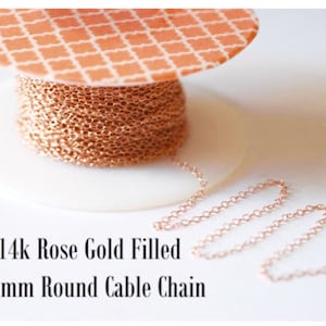 14k Rose Gold Filled Chain by the Foot - 1.3mm Flat Round Cable Chain - Thin Chain - Pink Gold Chain - Wholesale Chain  Custom Length
