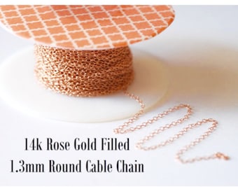 14k Rose Gold Filled Chain by the Foot - 1.3mm Flat Round Cable Chain - Thin Chain - Pink Gold Chain - Wholesale Chain  Custom Length
