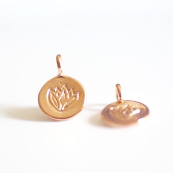 Vermeil Rose Gold Lotus Flower Disc Charms - Rose Gold Lotus Flower Water Lily Disc, Rose Gold yoga charm, vermeil gold Lotus Round Charm,36