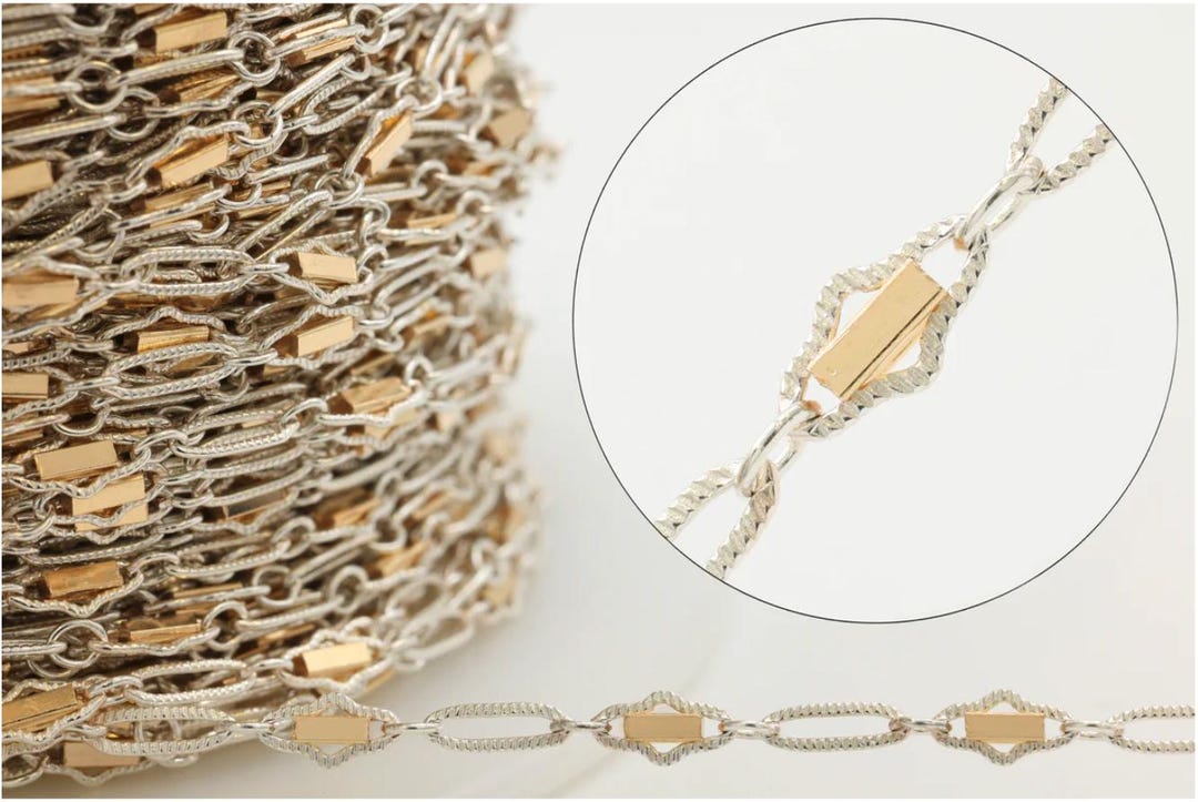 Two Tone Mixed Metal Oval Bar Link Chain - 14k Gold Filled and Sterling ...