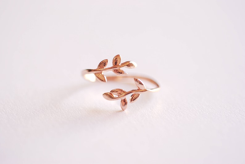 Shiny Pink Rose Gold Leaf Branch Ring, Leaf Ring, Layering Ring, Vine Ring, Laurel Ring, Nature Jewelry, twig ring, branch ring, tree ring, image 1