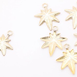 May include: Six gold-toned metal charms shaped like maple leaves with a loop at the top for attaching to jewelry or other crafts.