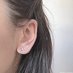 Pu&ograve; includere: Primo piano di un orecchio con un piccolo e delicato orecchino a forma di foglia d'argento. L'orecchino &egrave; fatto di un sottile pezzo di metallo curvo con piccole pietre trasparenti incastonate. L'orecchino &egrave; indossato sul lobo superiore dell'orecchio.
