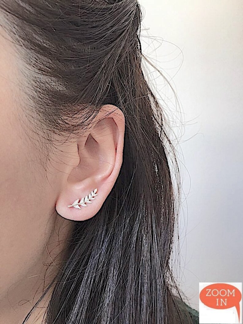 Pu&ograve; includere: Primo piano di un orecchio con un piccolo e delicato orecchino a forma di foglia d'argento. L'orecchino &egrave; fatto di un sottile pezzo di metallo curvo con piccole pietre trasparenti incastonate. L'orecchino &egrave; indossato sul lobo superiore dell'orecchio.