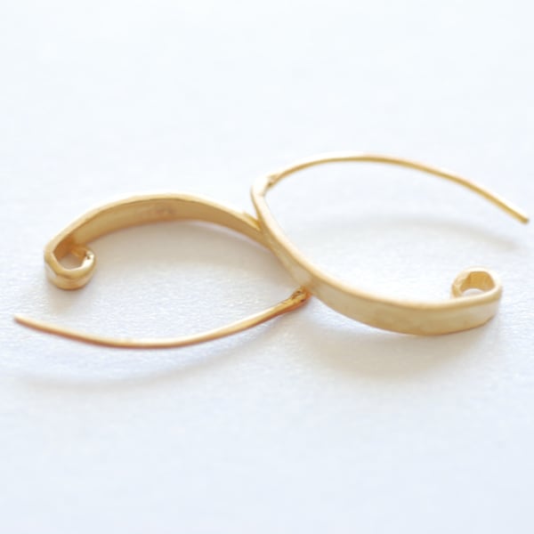 Matte Vermeil Gold Flattened Front Ear wires - hammered flat front ear hooks, Gold Earring Components, Gold Ear Hooks, Vermeil Gold Earrings