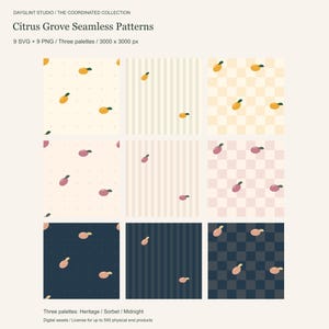 May include: A digital collection titled Citrus Grove Seamless Patterns featuring nine designs in three colour palettes: Heritage, Sorbet, and Midnight. The patterns include yellow, pink, and peach fruit motifs on dotted, striped, and checkered backgrounds.
