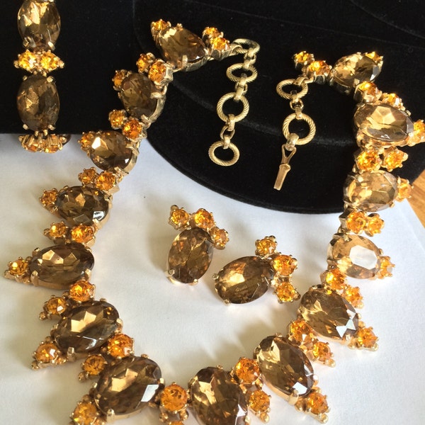 Wunderschöne Vintage Schiaparelli Halskette Armband & Ohrringe Set smoky Topas/Amber Strass-Gold-Ton-signiert