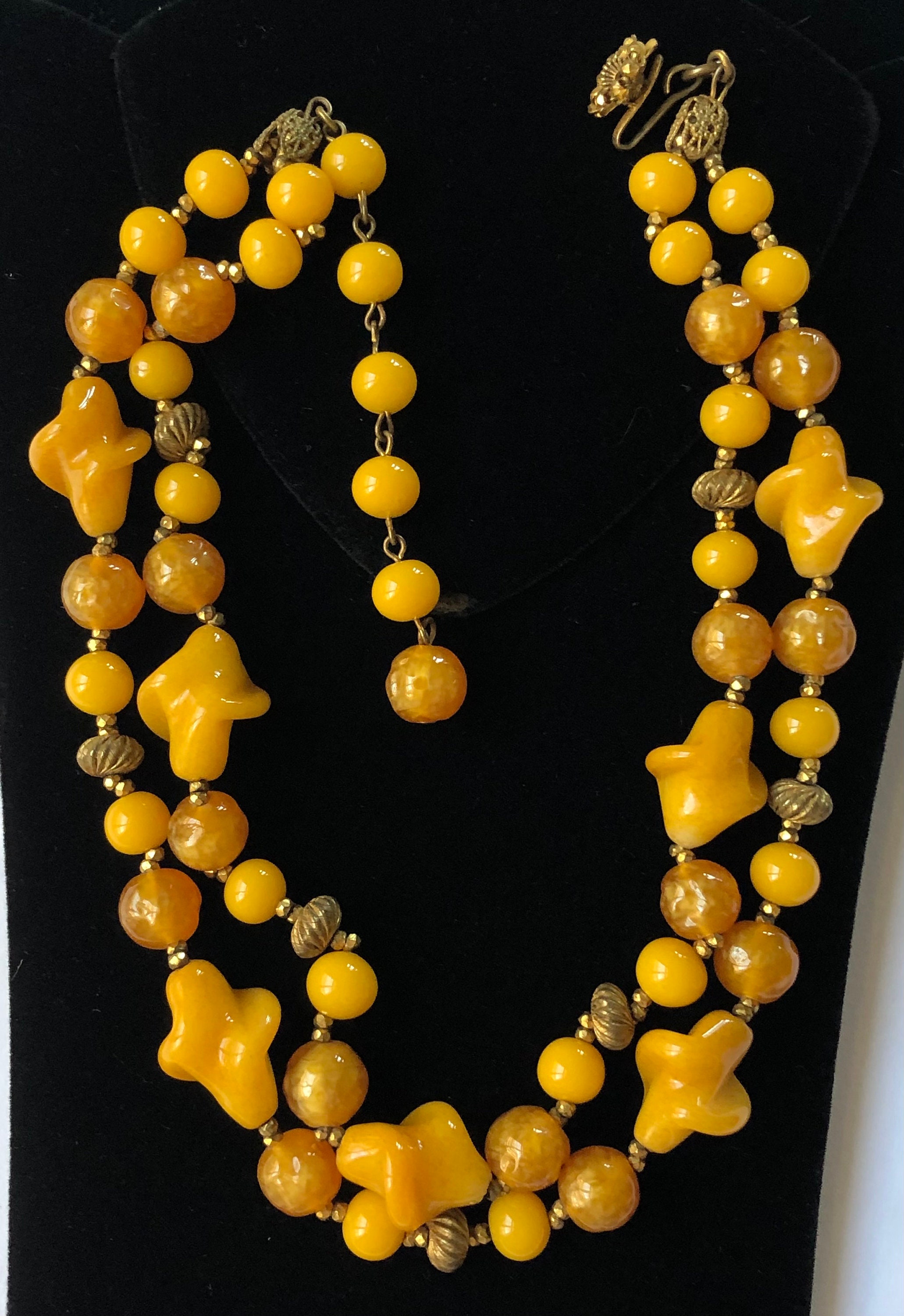 Vintage Miriam Haskell Necklace ~double Strand~ Yellow Glass Beads