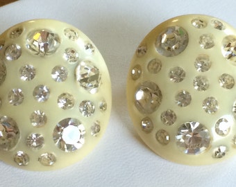 Vintage Weiss Earrings~Thermoplastic/Celluloid~Cream/Clear Round Rhinestones~Signed
