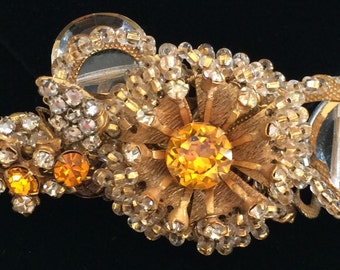 Divine Vintage Miriam Haskell Brooch Pin~Tangerine Orange/Clear Crystals/Rhinestones/Seed Beads/Gilt Filigree~Signed