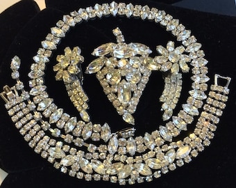 Vintage Weiss Necklace/Bracelet/Brooch/Earrings Jewelry Lot~Crystal Clear Ice Rhinestones/Silver Tone~Signed