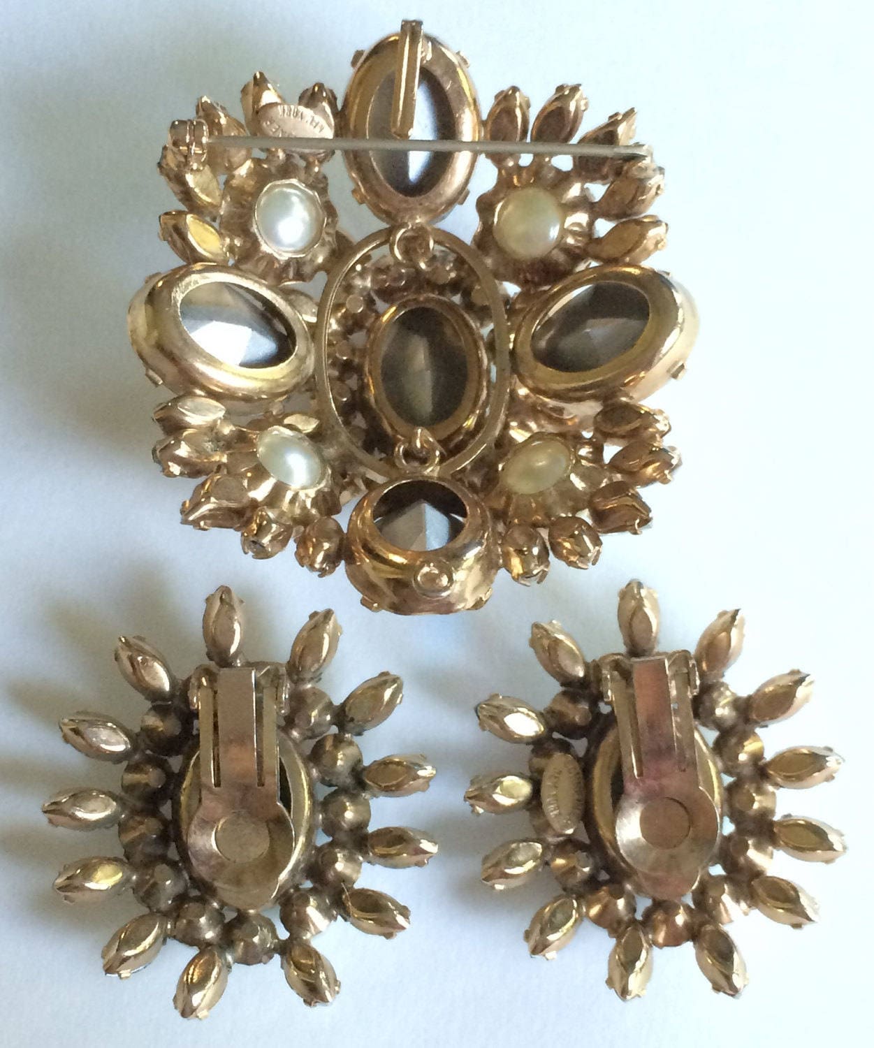 Vintage Schreiner N.Y Brooch Pendant & Earrings Set-ab/clear