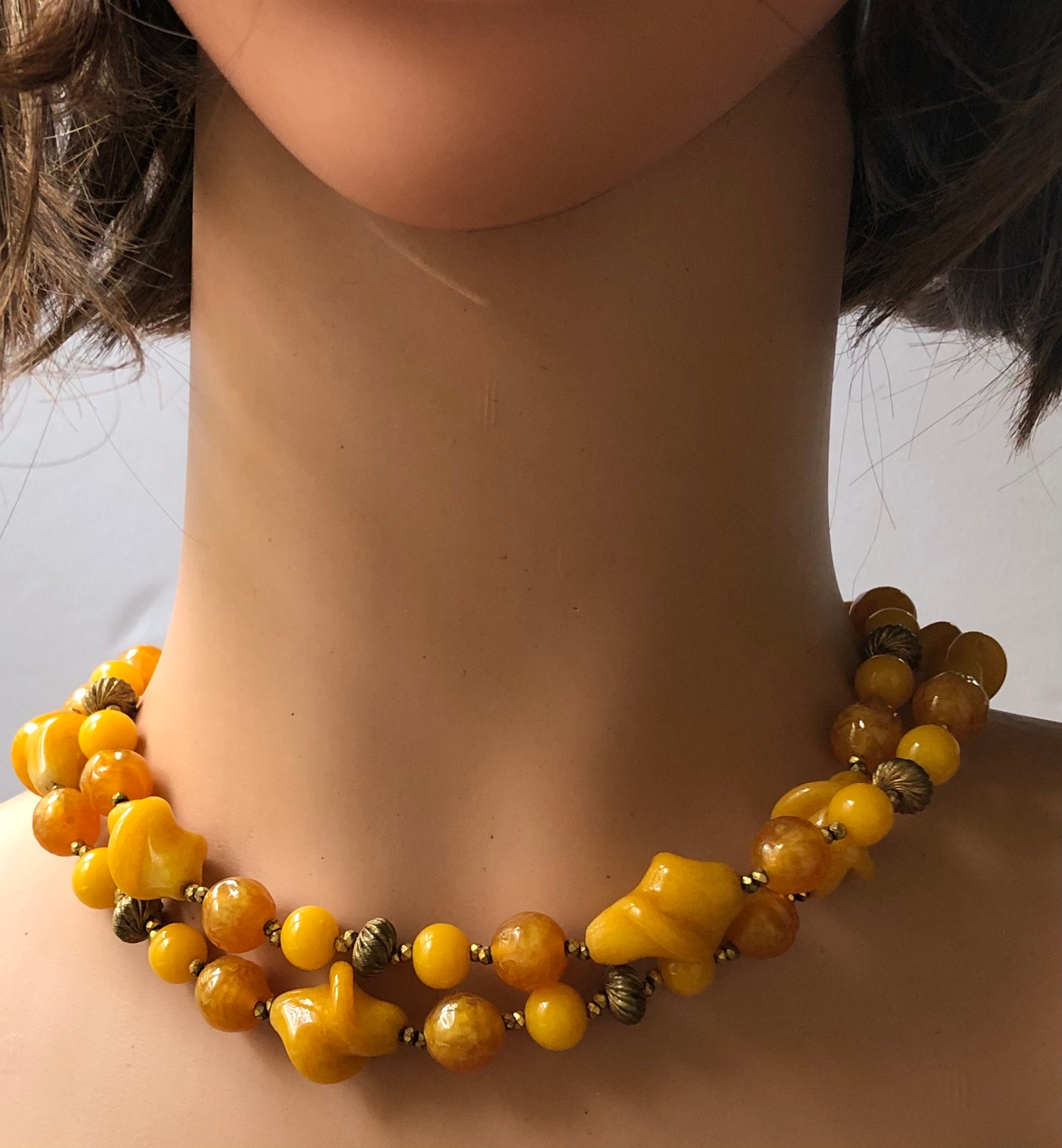 Vintage Miriam Haskell Necklace ~double Strand~ Yellow Glass Beads